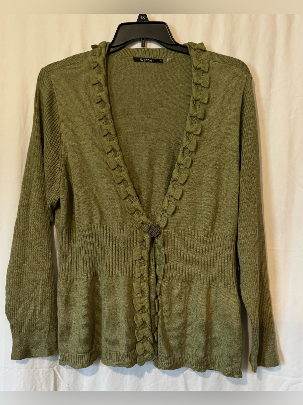 Nic + Zoe Olive Ruffle‑Trim Knit Cardigan – 2X (NWT)